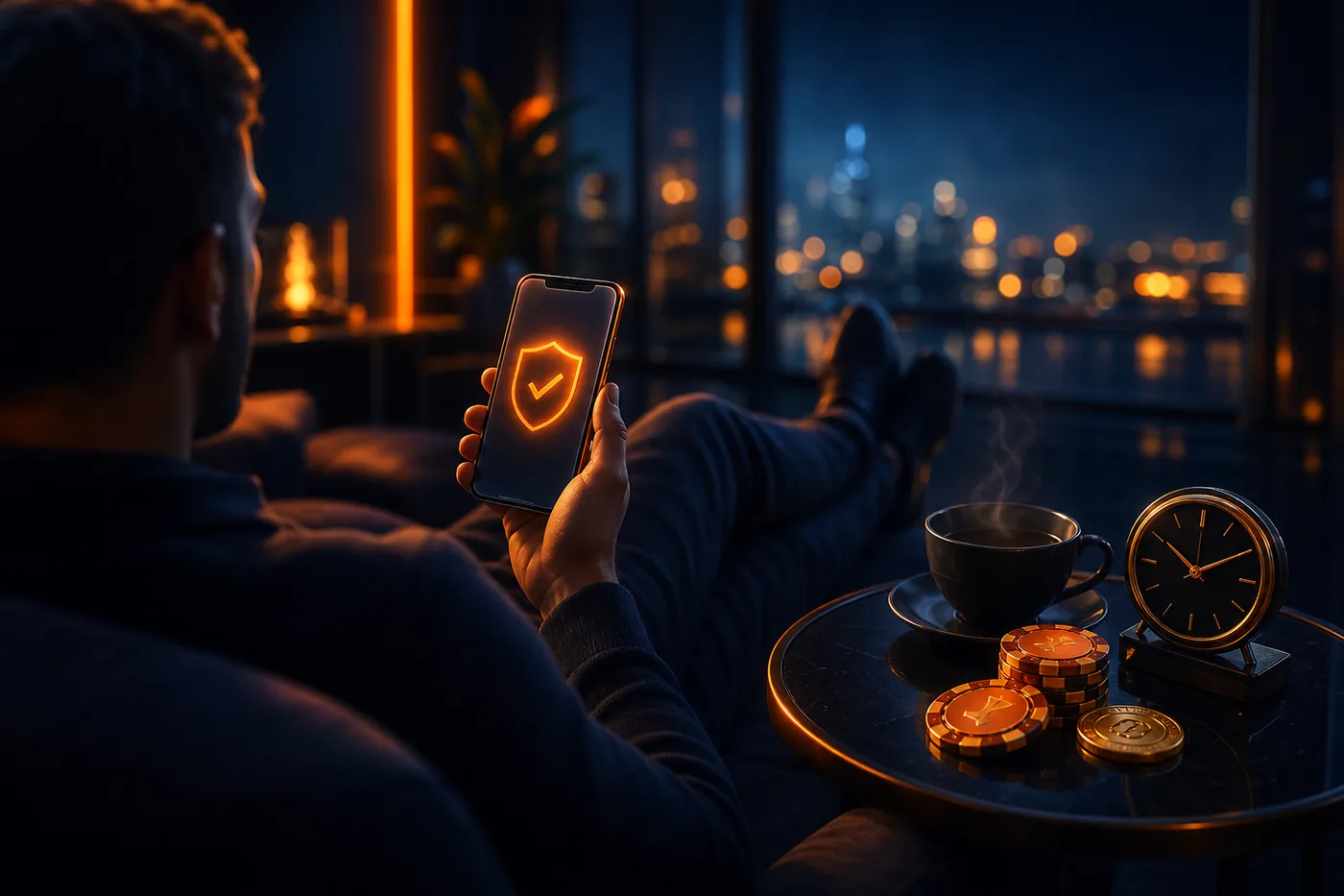 Persona relajada con el móvil en la mano, disfrutando del juego con calma y control