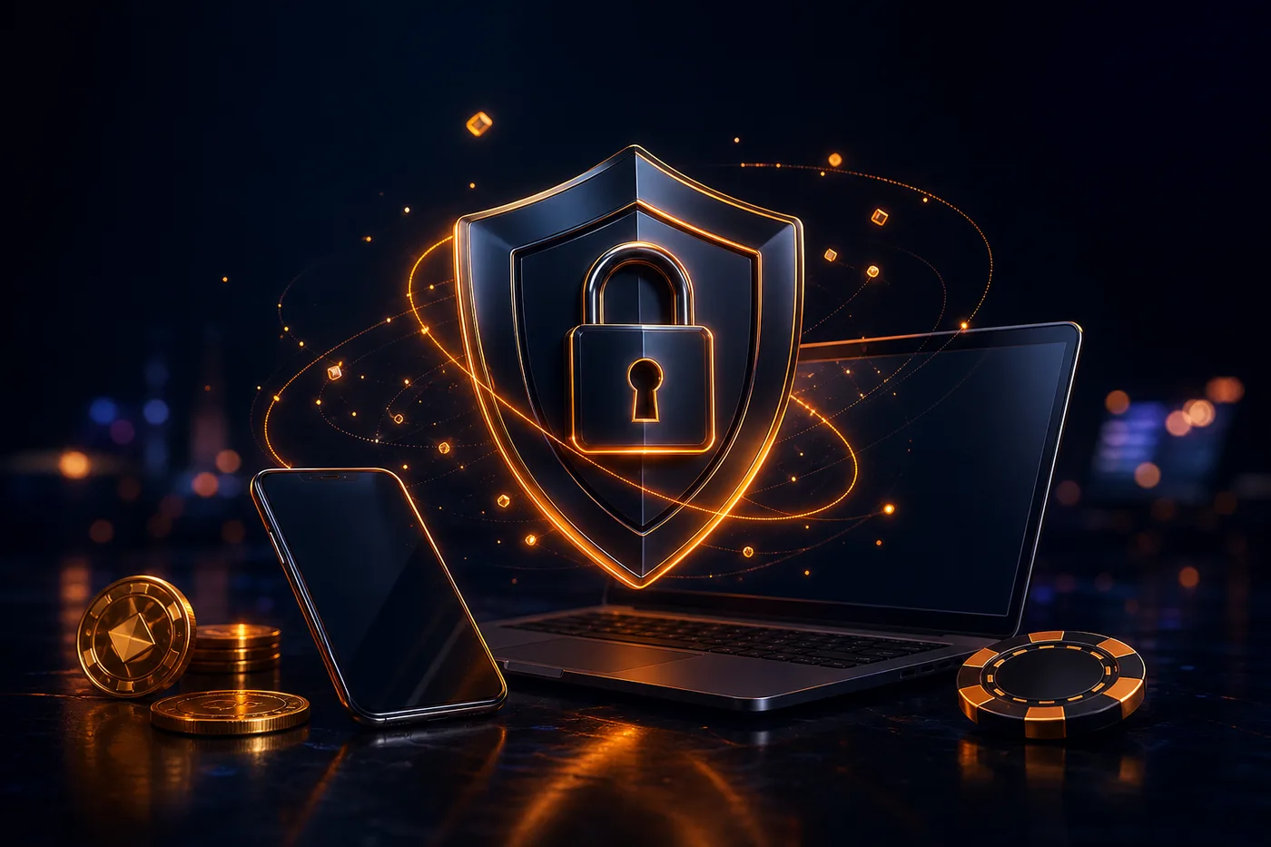 Escudo de protección de datos sobre un teléfono y un portátil